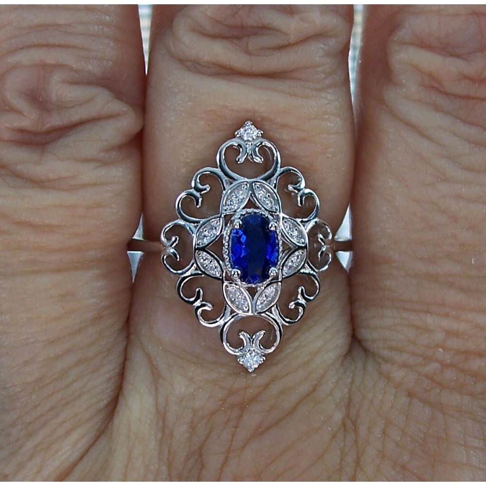 925 STERLING SILVER Simulated Blue Sapphire Cubic Zirconia Filigree Ring - Picture 12 of 16